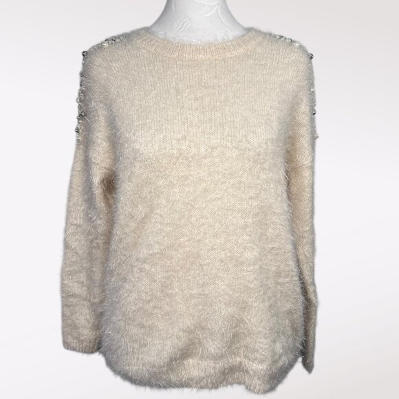 Y2K Ivory Fuzzy Pearl Shoulder Sweater Soft Knit Pullover Small - Picture 1 of 9
